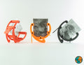 Three Platypus tilting drying rack in red, orange, and black, each with a sheet of film loaded vertically.