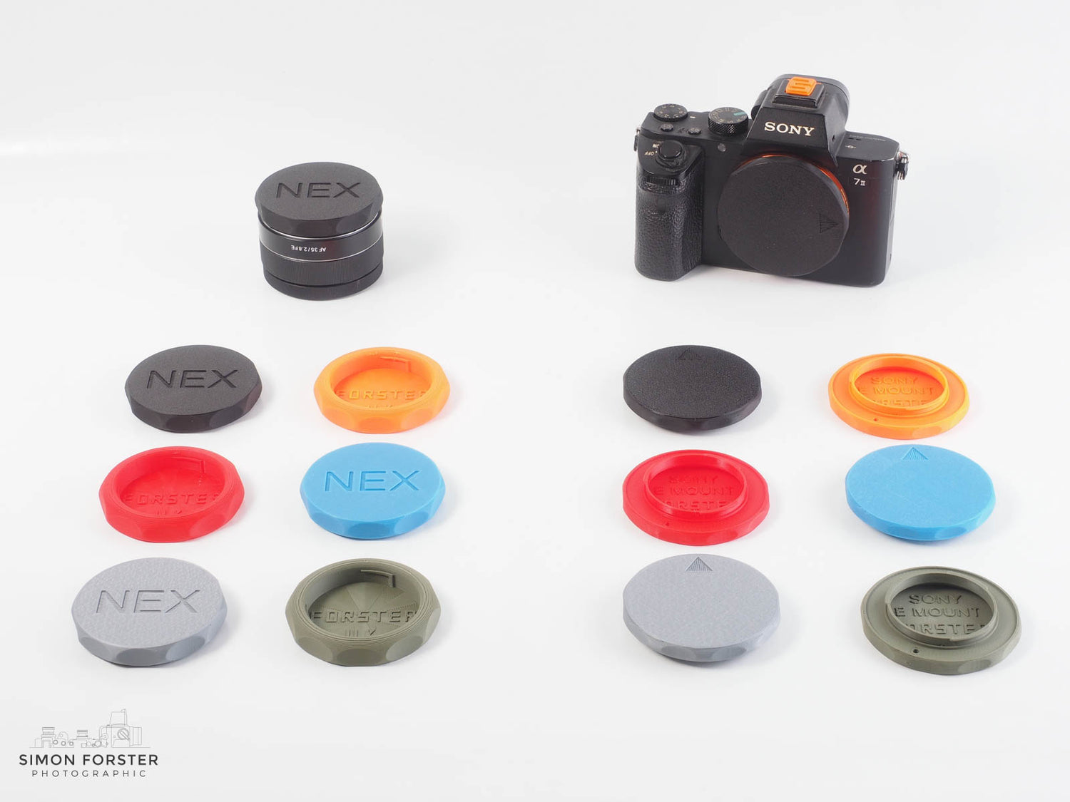 Sony camera and lens protected by caps on a white background